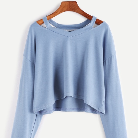 ROMWE Tops - Blue Cut Out Neck Crop T-Shirt